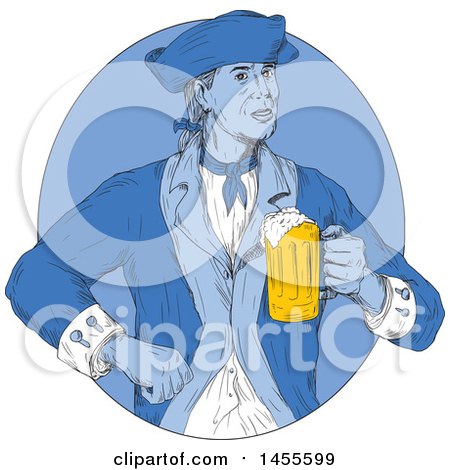 Clipart of a Drawing Sketched Styled American Patriot Soldier Holding a Beer Mug in a Blue Circle - Royalty Free Vector Illustration by patrimonio