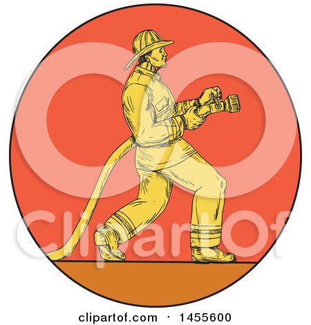 Clipart of a Drawing Sketched Styled Fireman Holding a Hose in a Circle - Royalty Free Vector Illustration by patrimonio