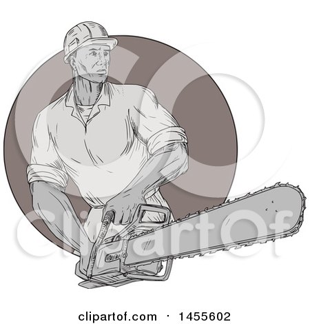 Clipart of a Drawing Sketched Styled Lumberjack Holding a Chainsaw in a Circle - Royalty Free Vector Illustration by patrimonio
