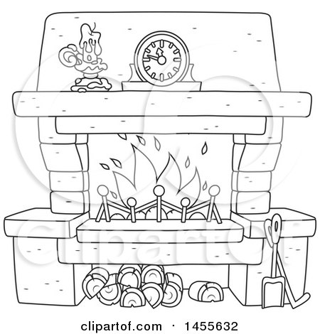 Clipart of a Black and White Candle and Mantle Clock over a Fireplace - Royalty Free Vector Illustration by Alex Bannykh