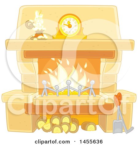 Clipart of a Candle and Mantle Clock over a Fireplace - Royalty Free Vector Illustration by Alex Bannykh