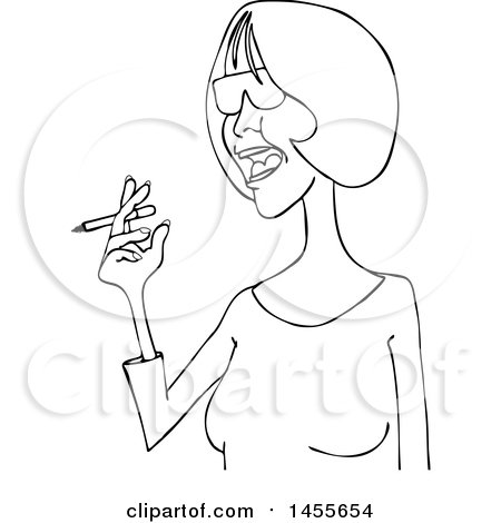 Clipart of a Cartoon Black and White Lineart Middle Aged Woman Smoking a Cigarette - Royalty Free Vector Illustration by djart