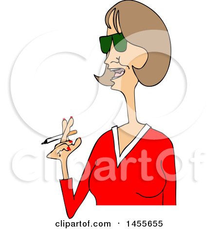 Clipart of a Cartoon Middle Aged Woman in a Red V Neck Shirt, Smoking a Cigarette - Royalty Free Vector Illustration by djart