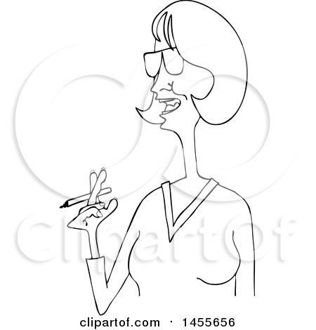 Clipart of a Cartoon Black and White Lineart Middle Aged Lady Smoking a Cigarette - Royalty Free Vector Illustration by djart