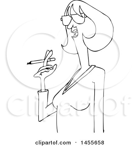 Clipart of a Cartoon Black and White Lineart Woman Smoking a Cigarette - Royalty Free Vector Illustration by djart
