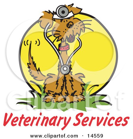 Veterinary Services Text Under a Brown Dog Wearing a Stethoscope Clipart Illustration by Andy Nortnik