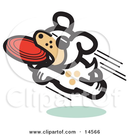 Active Dog Jumping and Catching a Red Disc Clipart Illustration by Andy Nortnik