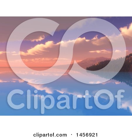 Clipart of a 3d Still Bay with Mountains and Forests Against a Sunset Sky - Royalty Free Illustration by KJ Pargeter