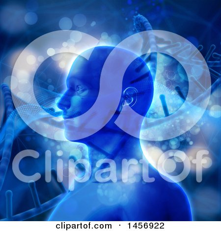 Clipart of a 3d Male Human Head with Flares of Light and Dna Strands in Blue Tones - Royalty Free Illustration by KJ Pargeter