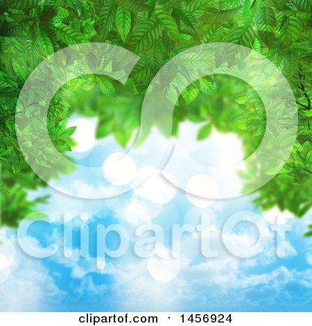 Clipart of a Border of 3d Green Leaves and Sunny Sky - Royalty Free Illustration by KJ Pargeter