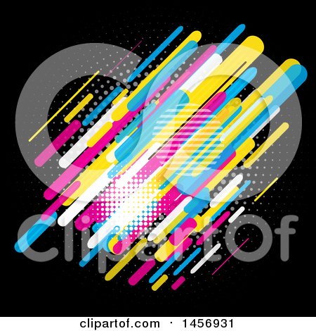 Clipart of a Background of Colorful Lines and Halftone on Black - Royalty Free Vector Illustration by KJ Pargeter