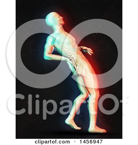 Clipart of a 3d Medical Male Figure Holding His Back in Pain, with Dual Color Effect over Black - Royalty Free Illustration by KJ Pargeter