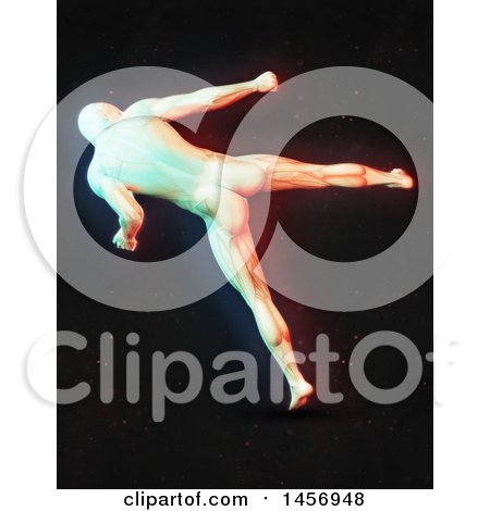 Clipart of a 3d Medical Male Figure Kicking, with Dual Color Effect over Black - Royalty Free Illustration by KJ Pargeter