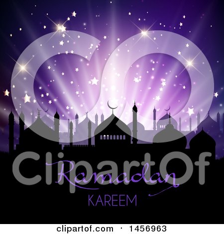 Clipart of a Silhouetted Mosque with Ramadan Kareem Text over Purple Rays and Stars - Royalty Free Vector Illustration by KJ Pargeter