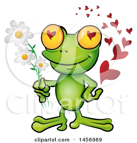 Cartoon Clipart of a Romantic Frog Holding Daisy Flowers, with a Trail of Love Hearts - Royalty Free Vector Illustration by Domenico Condello