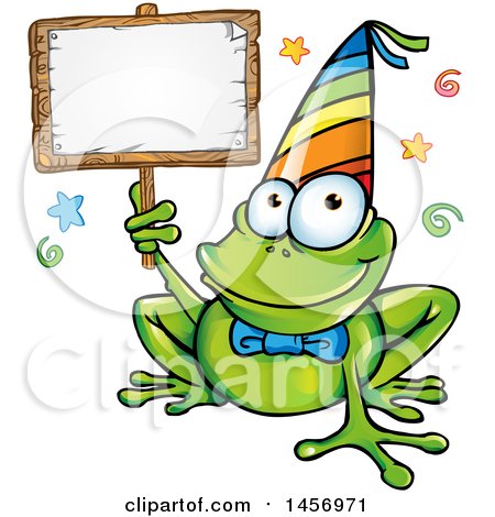 Cartoon Clipart of a Party Frog Wearing a Hat and Holding a Blank Sign - Royalty Free Vector Illustration by Domenico Condello
