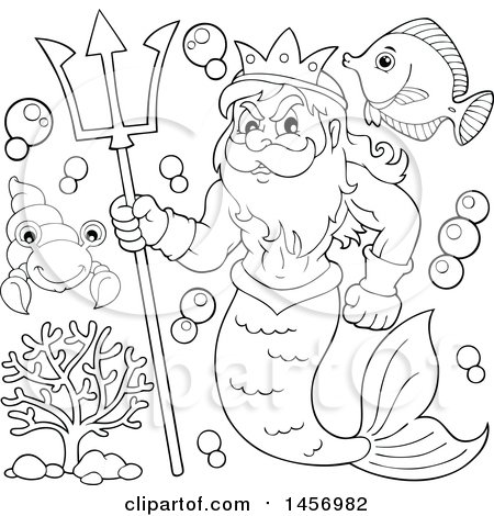 Clipart of a Black and White Merman, Poseidon, Holding a Trident and Sea Creatures - Royalty Free Vector Illustration by visekart