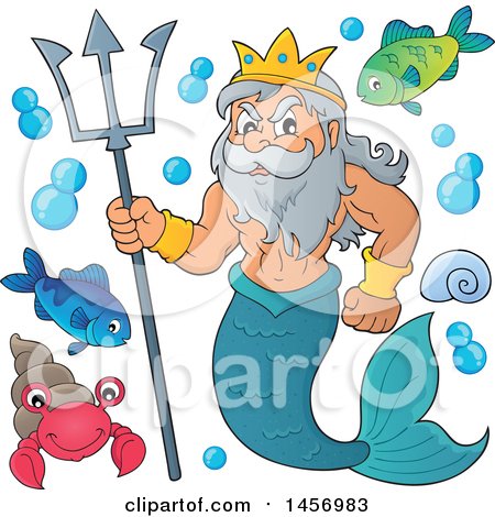 Clipart of a Merman, Poseidon, Holding a Trident and Sea Creatures - Royalty Free Vector Illustration by visekart