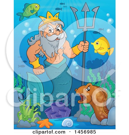 Clipart of a Merman, Poseidon, Holding a Trident near Sea Creatures - Royalty Free Vector Illustration by visekart