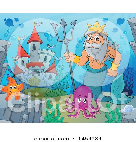 Clipart of a Merman, Poseidon, Holding a Trident near a Castle - Royalty Free Vector Illustration by visekart