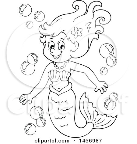 Clipart of a Cartoon Black and White Mermaid with Bubbles - Royalty Free Vector Illustration by visekart