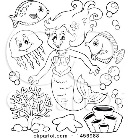 Clipart of a Cartoon Black and White Mermaid and Sea Creatures - Royalty Free Vector Illustration by visekart