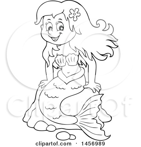 Clipart of a Cartoon Black and White Mermaid Sitting on a Rock - Royalty Free Vector Illustration by visekart