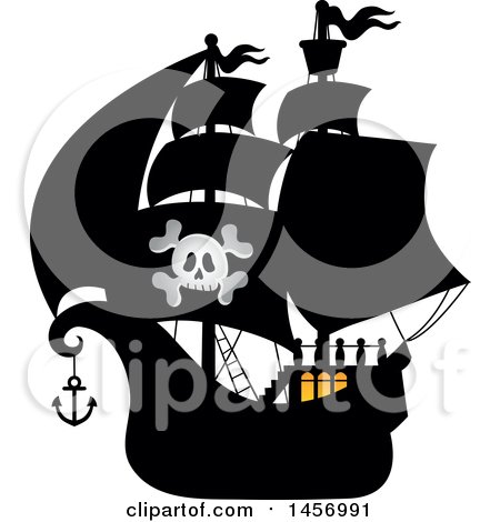 Clipart of a Silhouetted Pirate Ship with Lights on in the Cabin - Royalty Free Vector Illustration by visekart