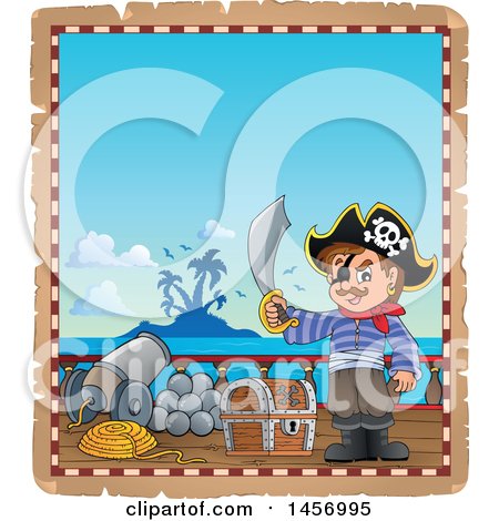 Clipart of a Parchment Page with a Pirate Holding a Sword on a Ship Deck - Royalty Free Vector Illustration by visekart