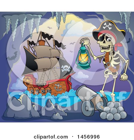Clipart of a Pirate Captain Skeleton Holding a Lantern in a Cave, a Ship in the Background - Royalty Free Vector Illustration by visekart