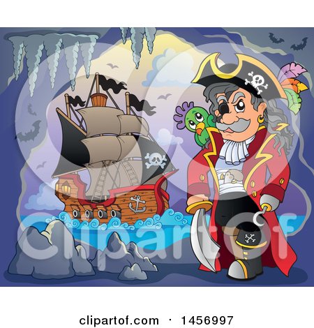 Clipart of a Pirate Captain with a Parrot in a Cave, a Ship in the Background - Royalty Free Vector Illustration by visekart