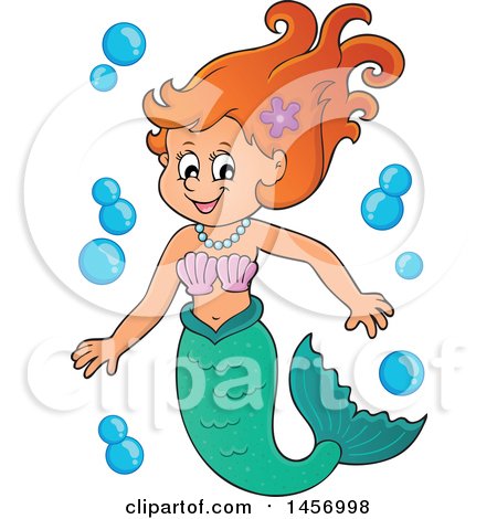 Clipart of a Cartoon Red Haired Mermaid with Bubbles - Royalty Free Vector Illustration by visekart