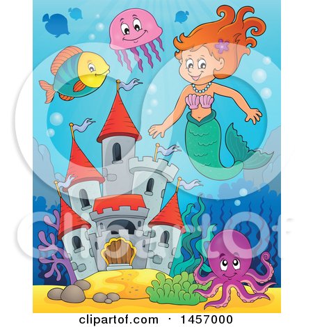 Clipart of a Cartoon Red Haired Mermaid near a Castle - Royalty Free Vector Illustration by visekart