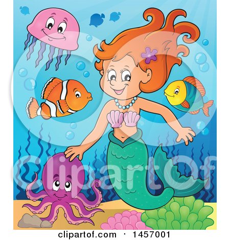 Clipart of a Cartoon Red Haired Mermaid with Sea Creatures - Royalty Free Vector Illustration by visekart