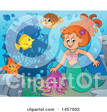 Clipart of a Cartoon Red Haired Mermaid and Sea Creatures near a Sunken Ship - Royalty Free Vector Illustration by visekart