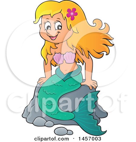 Clipart of a Cartoon Blond Mermaid Sitting on a Rock - Royalty Free Vector Illustration by visekart