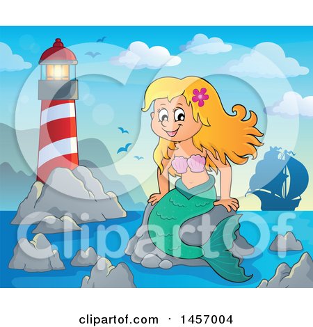 Clipart of a Cartoon Blond Mermaid Sitting on a Rock near a Lighthouse, with a Ship in the Distance - Royalty Free Vector Illustration by visekart