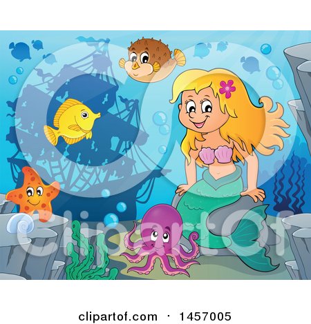 Clipart of a Cartoon Blond Mermaid and Sea Creatures near a Sunken Ship - Royalty Free Vector Illustration by visekart