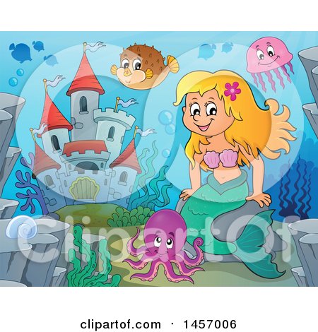 Clipart of a Cartoon Blond Mermaid near a Castle - Royalty Free Vector Illustration by visekart