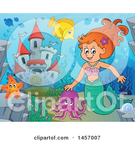 Clipart of a Cartoon Red Haired Mermaid near a Castle - Royalty Free Vector Illustration by visekart