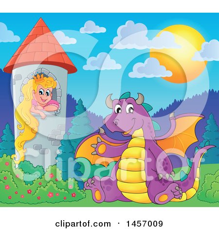 Clipart of a Cartoon Purple Dragon Waving and Sitting by Rapunzel in a Tower - Royalty Free Vector Illustration by visekart
