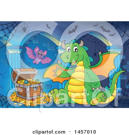 Clipart of a Cartoon Green Dragon Waving and Sitting by Treasure in a Cave - Royalty Free Vector Illustration by visekart