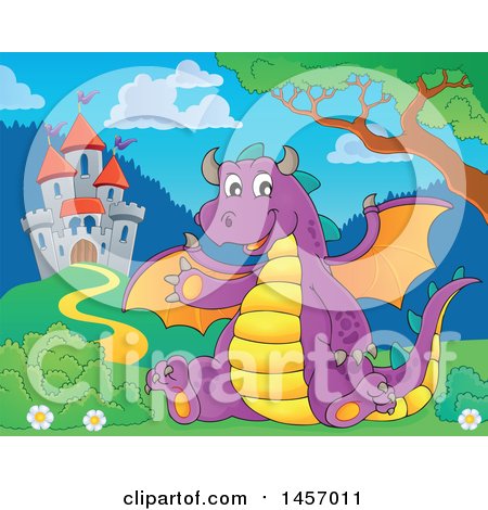 Clipart of a Cartoon Purple Dragon Waving and Sitting near a Castle - Royalty Free Vector Illustration by visekart