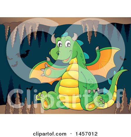Clipart of a Cartoon Green Dragon Waving and Sitting in a Cave - Royalty Free Vector Illustration by visekart