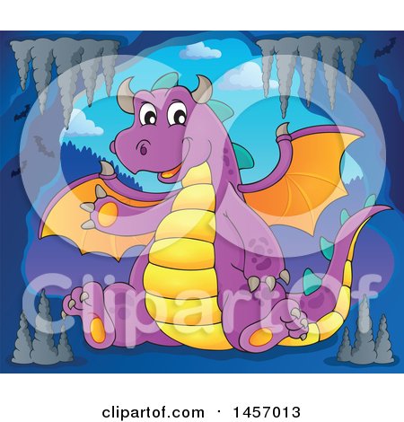 Clipart of a Cartoon Purple Dragon Waving and Sitting in a Cave - Royalty Free Vector Illustration by visekart