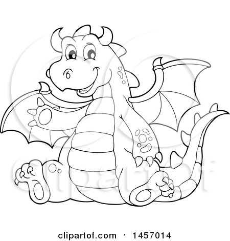 Clipart of a Cartoon Black and White Dragon Waving and Sitting - Royalty Free Vector Illustration by visekart
