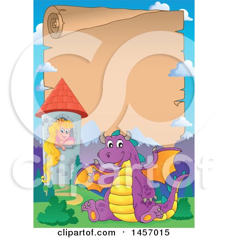 Clipart of a Parchment Scroll Border of a Purple Dragon Waving and Sitting by Rapunzel in a Tower - Royalty Free Vector Illustration by visekart