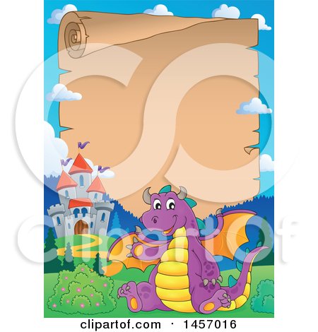 Clipart of a Parchment Scroll Border of a Purple Dragon Waving and Sitting by a Castle - Royalty Free Vector Illustration by visekart