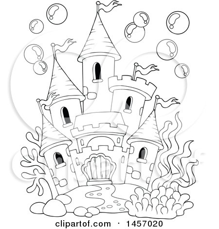 Clipart of a Black and White Castle Under the Sea, or in a Fish Tank, with Bubbles - Royalty Free Vector Illustration by visekart