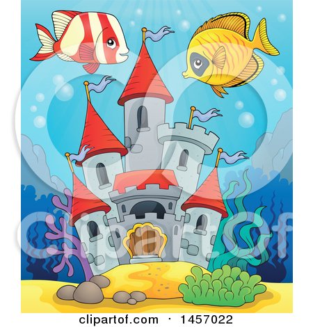 Clipart of a Castle Under the Sea, with Fish - Royalty Free Vector Illustration by visekart